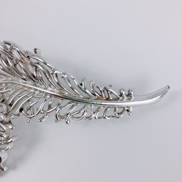 VTG Signed SAC Mid Century Brooch Silver Tone Openwork Feather Leaf - Picture 7 of 11